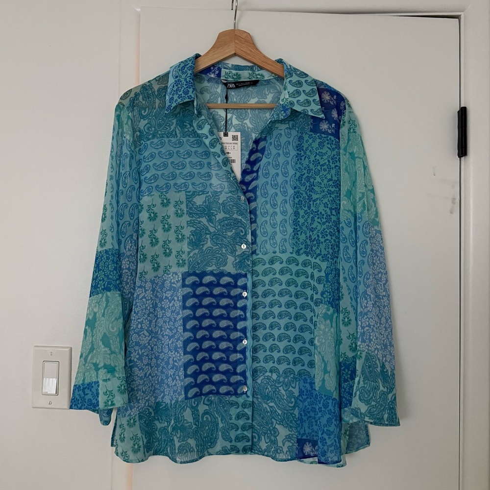 Zara Teal and Blue Patchwork Shirt